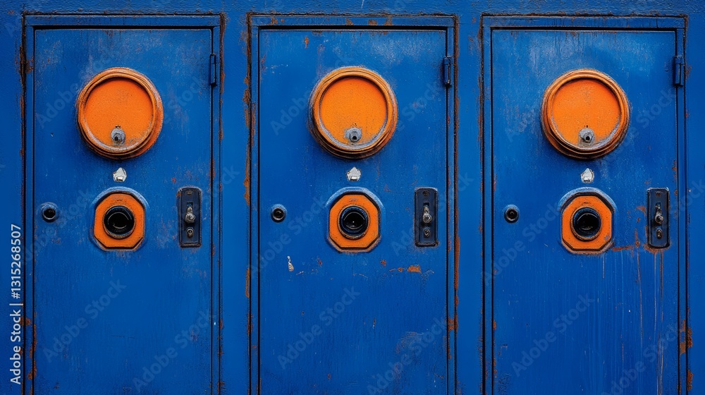 Fototapeta premium A line of blue lockers adorned with orange accents, forming a lively and orderly storage area, typically seen in a school or gym setting