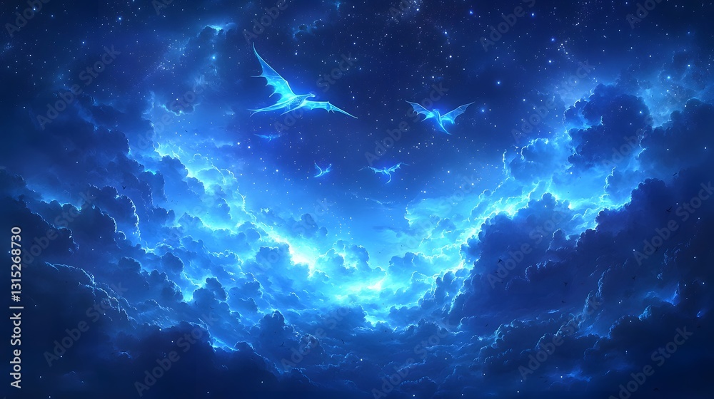 Fototapeta premium Magical Blue Sky with Glowing Fish and Flying Dragons Above Clouds