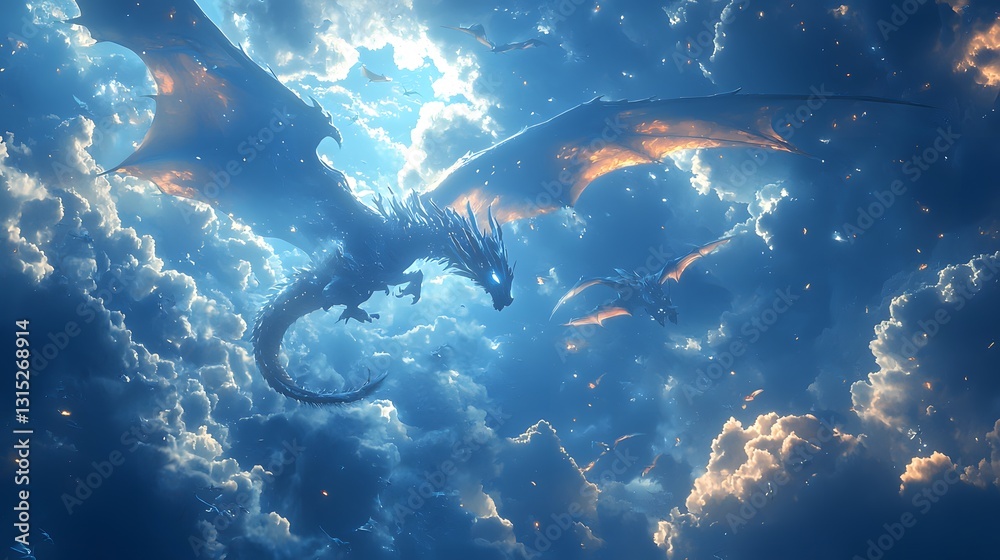 Fototapeta premium Magical Scene of Flying Dragons Amidst Blue Sky and Glowing Fish