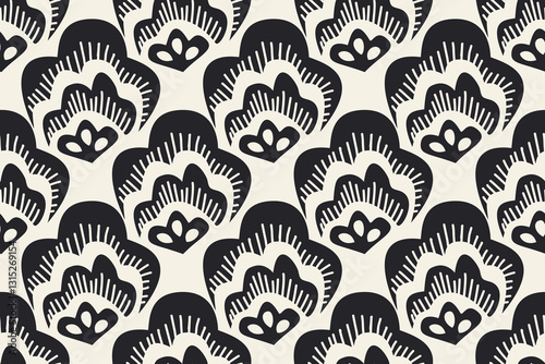 Abstract flowers shape geometric motifs. Oriental style damask floral. Modern textile weave effect. Two-tone monochrome pattern background. Floral tile modern lux fabric design textile swatch ladies  