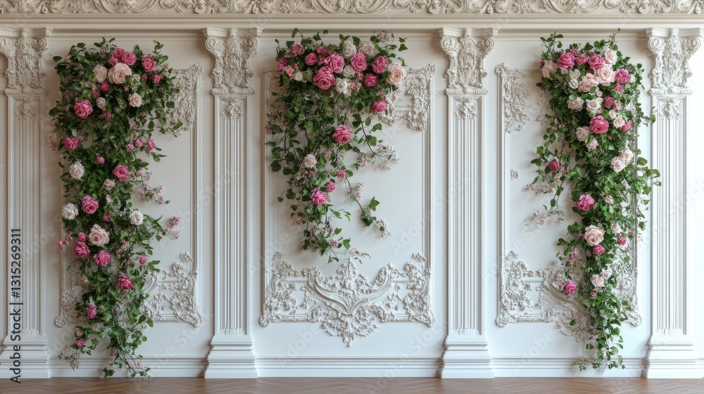 Fototapeta premium An exquisite floral background adorned with gentle pink and white blossoms, lush greenery, and graceful columns, ideal for events or photo sessions