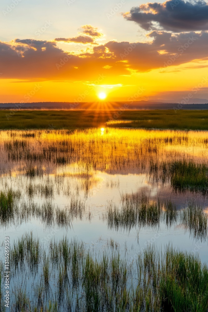 Sunset over flooded marsh, vibrant colors reflecting on water Sunset over flooded marsh, vibrant colors reflecting on water