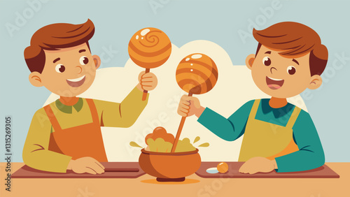 With a deft flick of their wrists a group of young boys skillfully wrap cajeta a thick sweet caramel sauce around small wooden sticks creating deliciously sticky and chewy caramel. Vector illustration