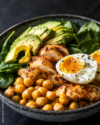 Healthy Lunch Bowl with Chicken, Avocado, Chickpeas, Spinach, and Soft Boiled Egg