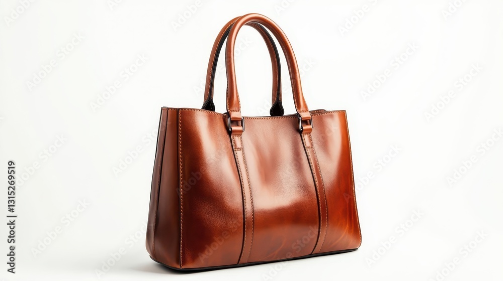 A luxurious leather handbag, placed flat on a white surface with no background distractions, on a white isolated background A luxurious leather handbag, placed flat on a white surface with no background distractions, on a white isolated background