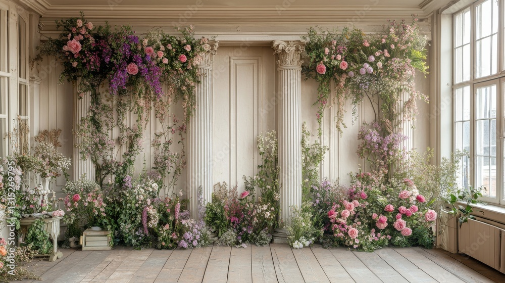 A calm setting with elegant white columns highlighted by soft pink and white petals, making it an excellent choice for events or photo opportunities A calm setting with elegant white columns highlighted by soft pink and white petals, making it an excellent choice for events or photo opportunities