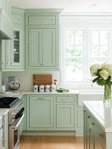 The kitchen showcases the sage green colored cabinets and bright light photo