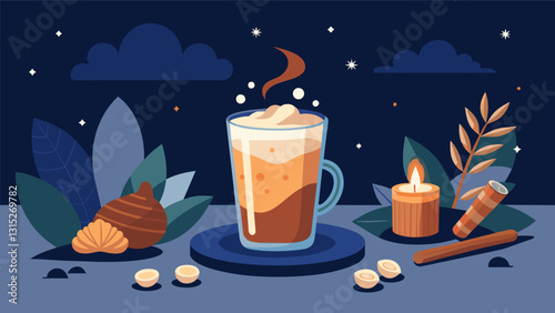 The warm and comforting taste of homemade horchata infused with cardamom and cashews capturing the essence of a cozy winter evening.. Vector illustration