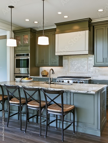 Contemporary kitchen design featuring an island countertop and cabinetry photo