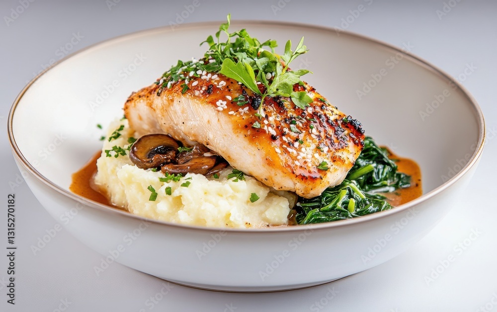 Grilled chicken breast served with creamy mashed potatoes and savory sauce on a white plate Grilled chicken breast served with creamy mashed potatoes and savory sauce on a white plate