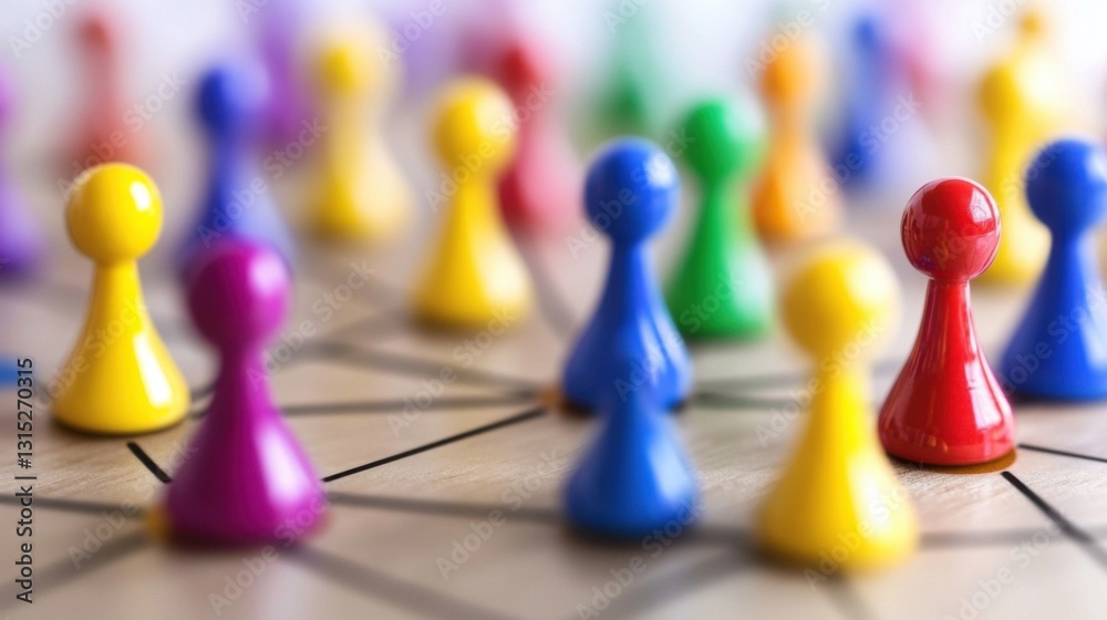 Colorful Game Pieces on a Wooden Board with Blurred Background Colorful Game Pieces on a Wooden Board with Blurred Background