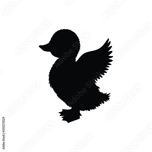 Silhouette of a Duck Standing with Wings Slightly Raised and Beak Pointing Forward. Black silhouette duck isolated on white background. 