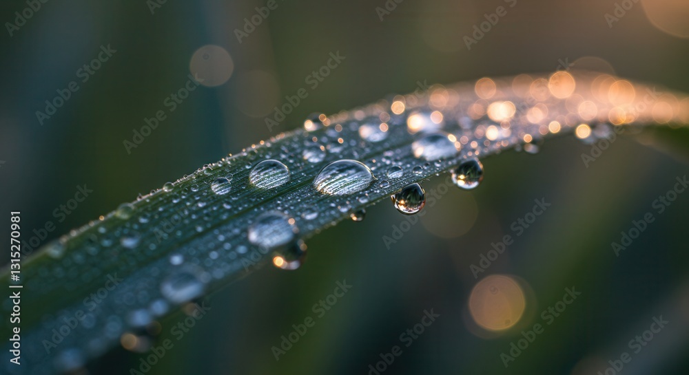Dew Drops on Grass Blade Sparkling in Morning Light Close-up View Dew Drops on Grass Blade Sparkling in Morning Light Close-up View