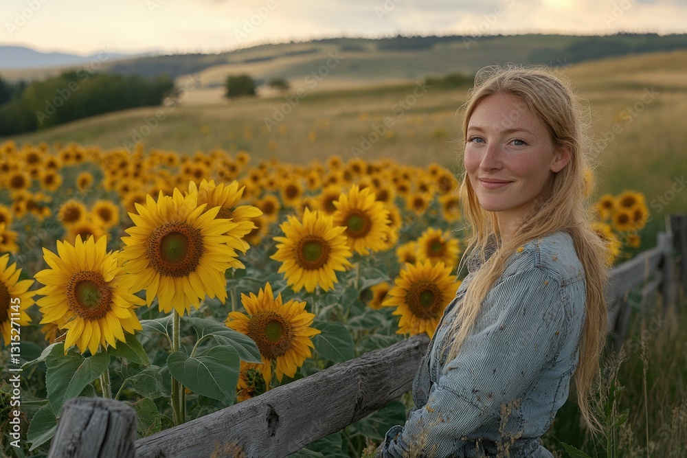 A woman smiles serenely amidst a vibrant sunflower field, bathed in the warm glow of the setting sun. A woman smiles serenely amidst a vibrant sunflower field, bathed in the warm glow of the setting sun.