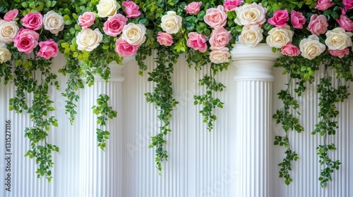 An exquisite floral display with pink roses and lush greenery, accented by graceful white columns, ideal for weddings or photo shoots