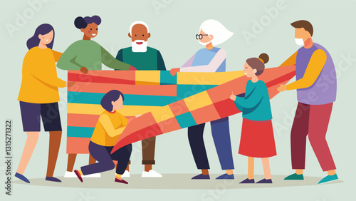 Residents of all ages weaving together strips of recycled fabric to create a giant tapestry representing the unity of their community.. Vector illustration
