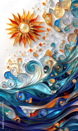 a bright and stylish artistic composition made in a technique reminiscent of paper filigree (quilling) 