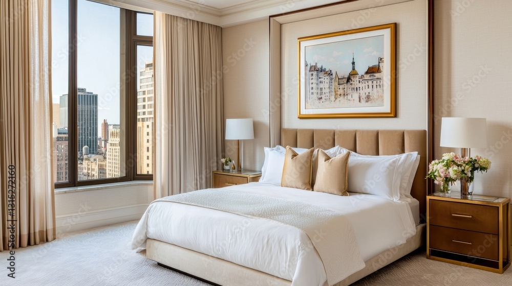 Fototapeta premium Neo classical bedroom, muted warm tones, plush velvet bed, sculptural brass nightstands, framed delicate pastel old town painting, sheer linen drapes