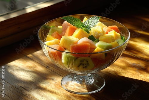 A refreshing fruit salad with papaya, mango, pineapple, kiwi, and mint.