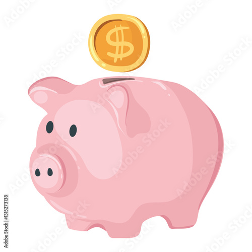 Piggy bank for savings with coin. Safe money symbol and business finance concept in the form of a pink pig and money. Saving and growing money. Vector illustration.