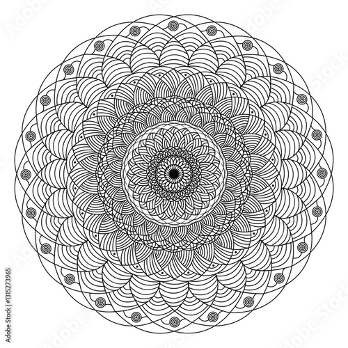 Abstract round spiral minimalist mandala in black and white.