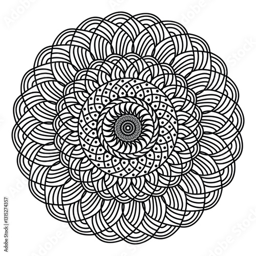 Abstract round spiral minimalist mandala in black and white.