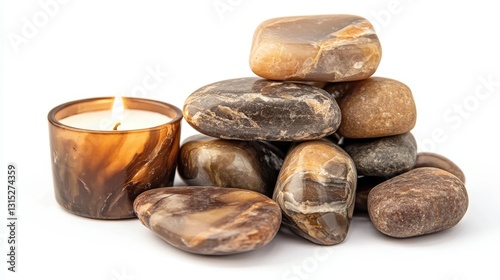 A pile of smooth river stones stacked together, with a lit candle beside them, on a white isolated background