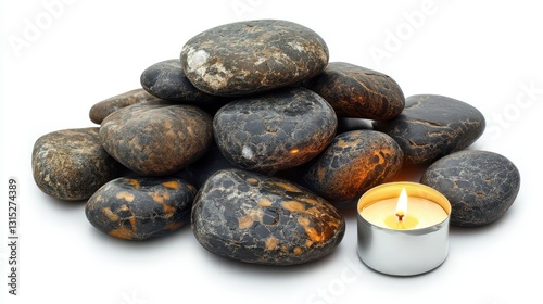 A pile of smooth river stones stacked together, with a lit candle beside them, on a white isolated background