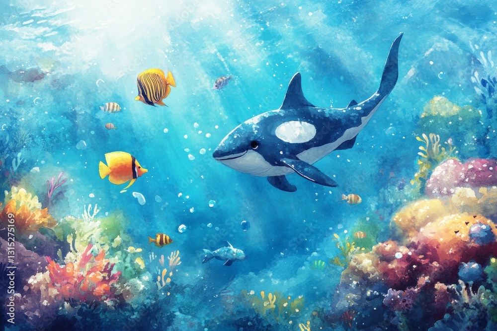 Fototapeta premium Explore a stunning underwater world filled with vibrant coral and tropical fish as an orca glides gracefully through the blue ocean depths.