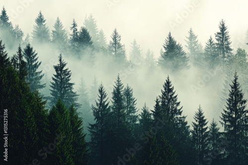 Misty landscape with mountains and dark moody fir forest in hipster vintage r...