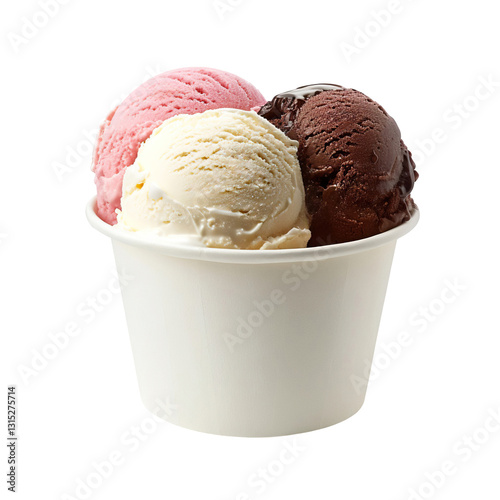 Neapolitan ice cream transparent PNG, isolated background. White paper cup mockup, parlour shop menu dessert, vibrant colorful classic flavour
