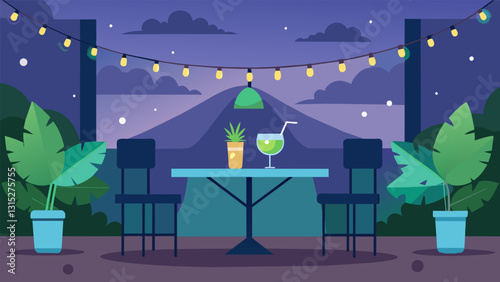 The warm glow of string lights illuminated the outdoor seating area of a charming bar the perfect setting to enjoy a romantic Havana Mojito evening with someone special.. Vector illustration