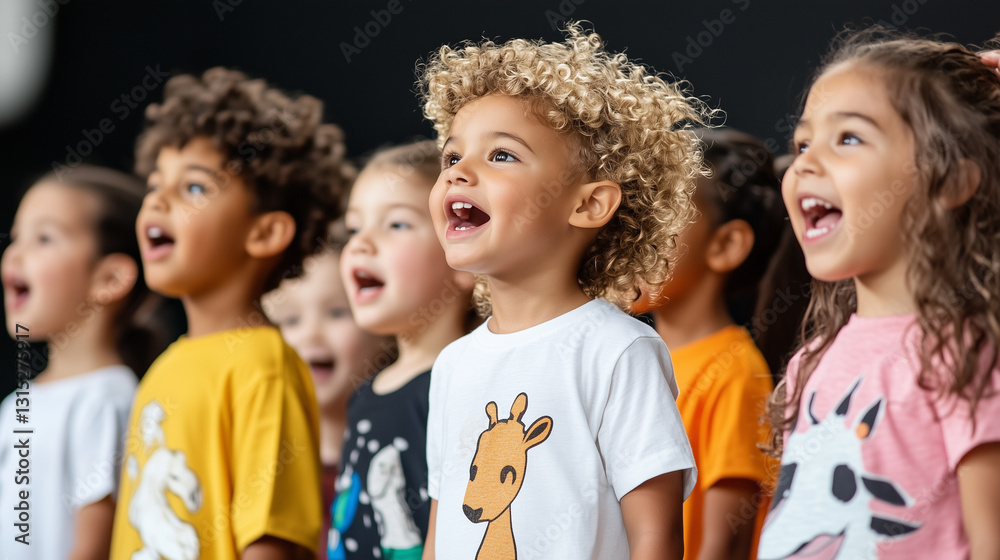 A diverse group of happy children sings together on stage, expressing joy and unity.