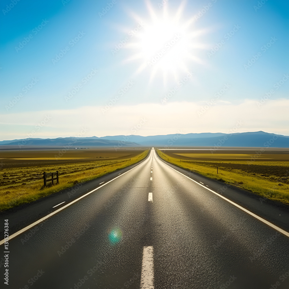 Naklejka premium Vast empty road in summer with sunburst in bright blue sky overhead; Austurland, Northern region, Iceland