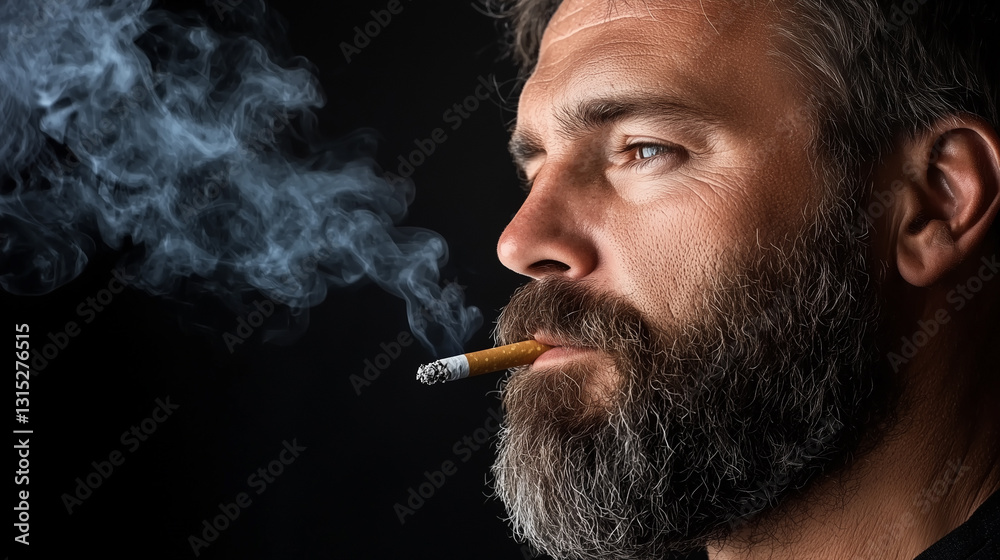 Fototapeta premium A rugged bearded man smokes a cigarette, exhaling smoke against a dark background.
