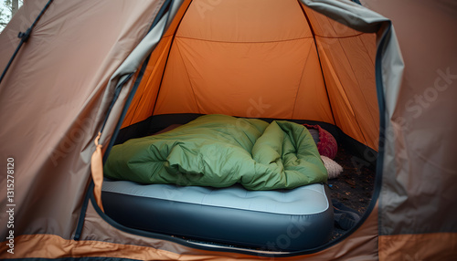 Inside a tent, a camper arranges a sleeping bag on an inflatable mattress, Dynamic motion. with white shades