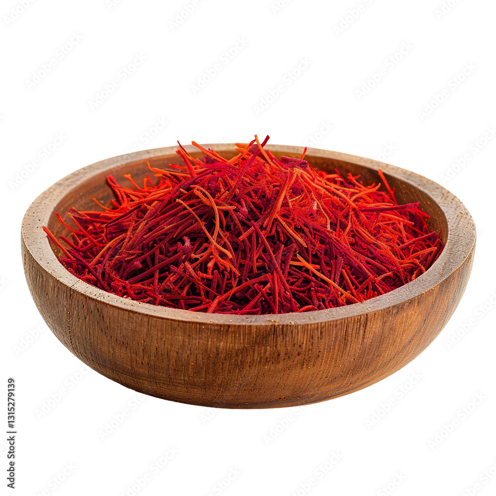 Fototapeta premium Saffron Flower spice in wooden bowl PNG, transparent isolated background. Ground spices, vibrant vivid colorful cooking seasoning ingredient, food flavour