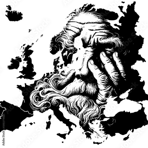 Old man worrying about fate of Europe, black and white vector image