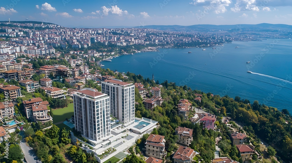 Fototapeta premium Executive Development in Marble Palace Overlooking Scenic Sky and Sea