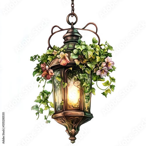 Beautiful hanging lantern adorned with ivy and flowers