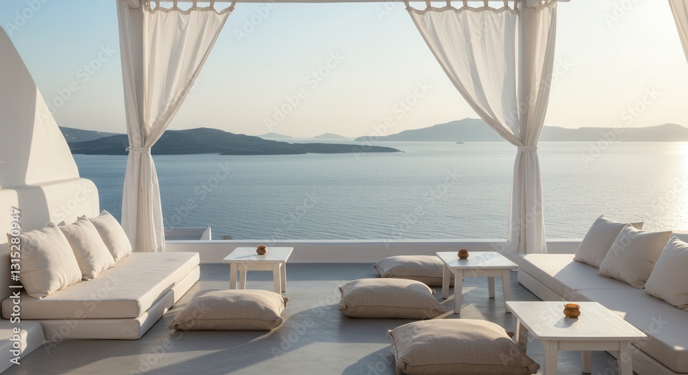 Fototapeta premium Relaxing Lounge with Ocean View in Santorini, Greece at Sunset
