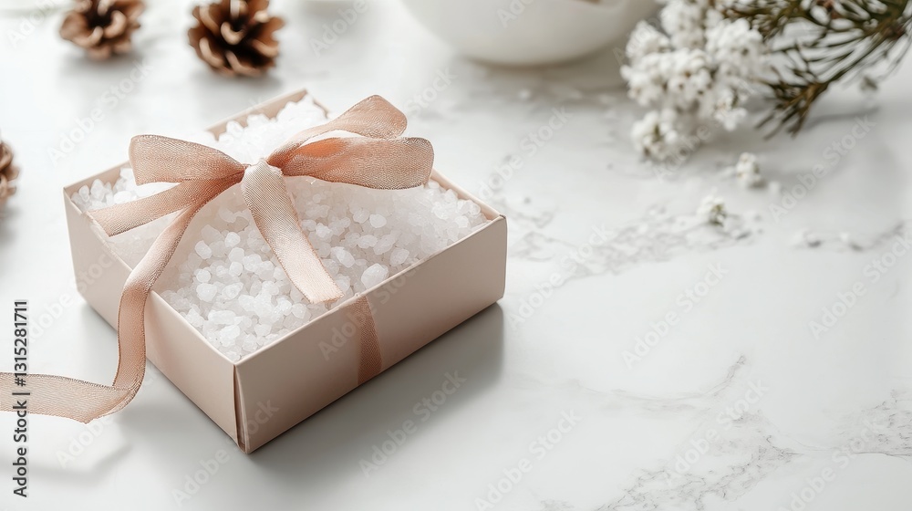 A box of luxury bath salts with a ribbon tied around it, placed on a white countertop, on a white isolated background A box of luxury bath salts with a ribbon tied around it, placed on a white countertop, on a white isolated background