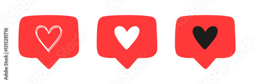 Set red message bubble with heart. Happy Valentine's day, romance simple love symbol, icon. Greeting card design for web, email, social media, mobile app, banner. Vector illustration10 EPS.