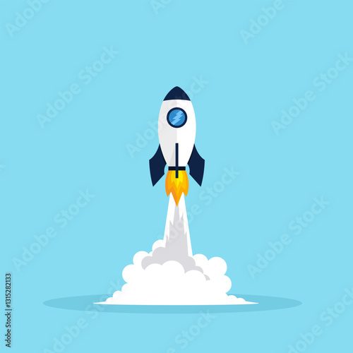 Flat illustration launch rocket representing initiation of new startup, vector 10 eps.