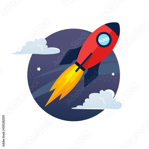 A futuristic vector logo featuring a rocket ship blasting off into space, vector 10 eps.