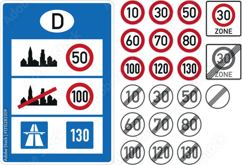 Deutsche Verkehrsschilder, Geschwindigkeitsbegrenzung und -aufhebung auf Autobahnen, Landstraßen und innerhalb von Ortschaften als Vektoren-Set