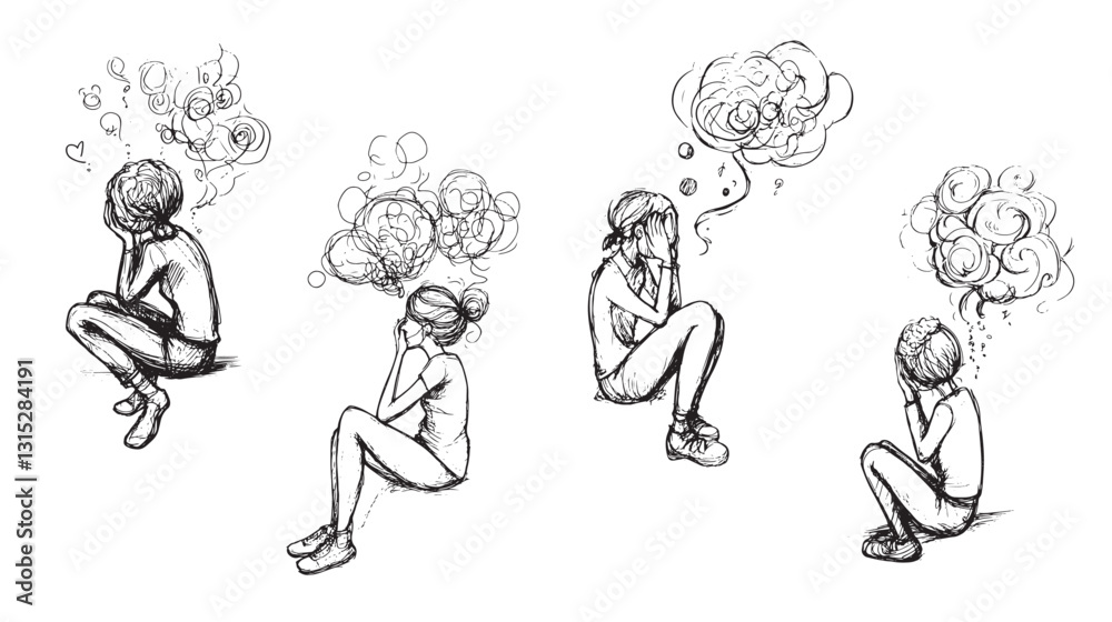 set of hand-drawn sketch of a woman girl in depression illustration