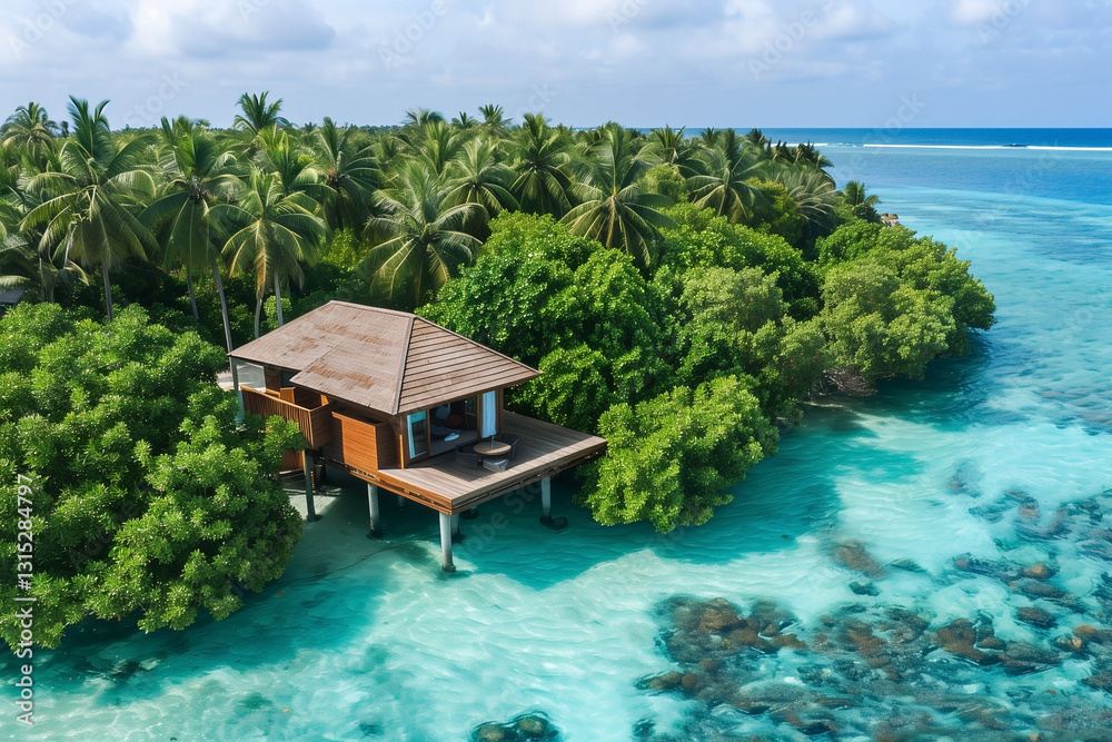 A serene tropical escape with a wooden bungalow on stilts, surrounded by lush greenery and calm, turquoise waters. A serene tropical escape with a wooden bungalow on stilts, surrounded by lush greenery and calm, turquoise waters.