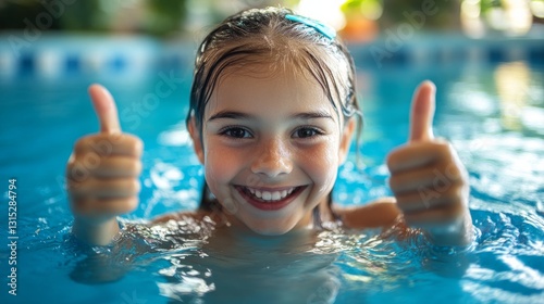 Young girl enjoying swimming in a pool while giving thumbs up during a sunny day photo