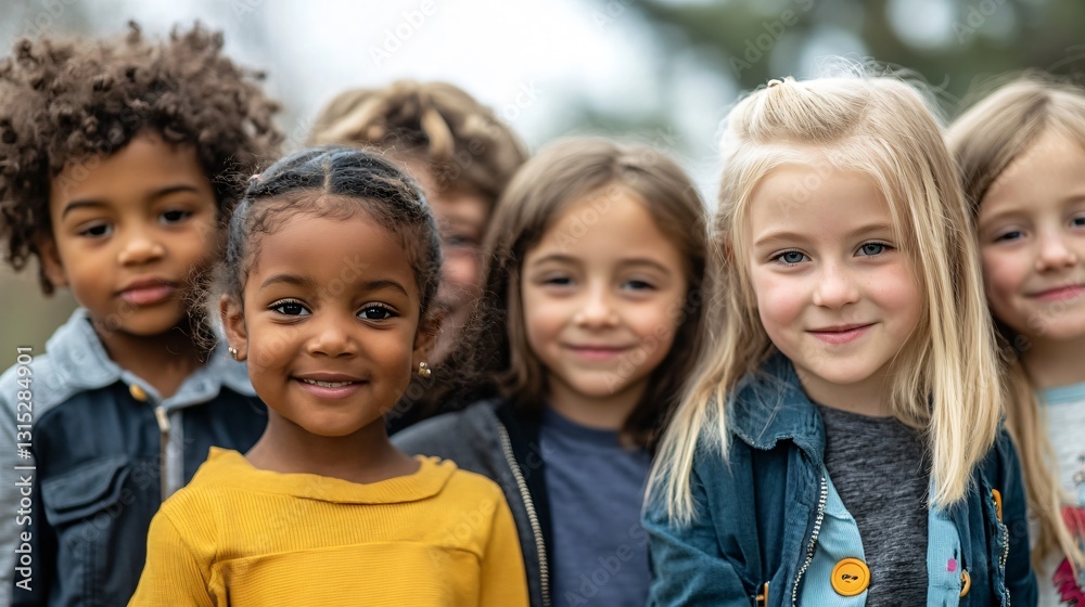 Professional image of a group of diverse primary school children standing together for education and unity Professional image of a group of diverse primary school children standing together for education and unity